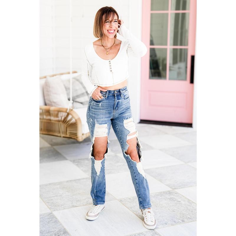 Judy Blue After Party Medium Wash Vintage Straight Leg Distressed Jeans